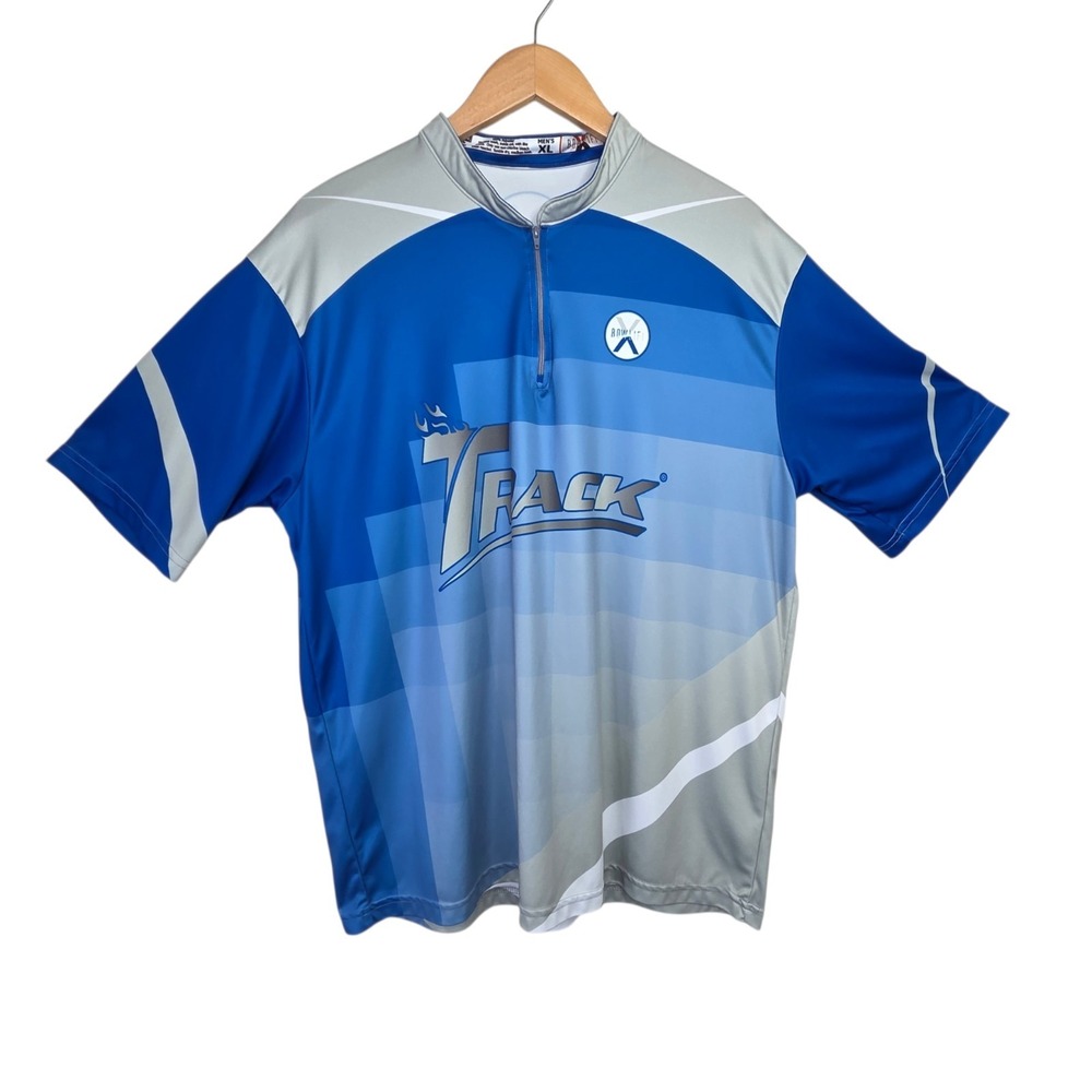 Track  Bowl Lifi Mens Bowling 1/4 Zip Jersey Shirt Blue Gray Athletic Pro Style
